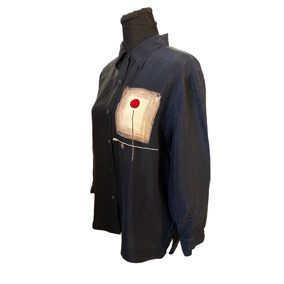 Vintage Doncaster Navy Blue Asian Inspired Long Sleeve Blouse Size M - Picture 3 of 6